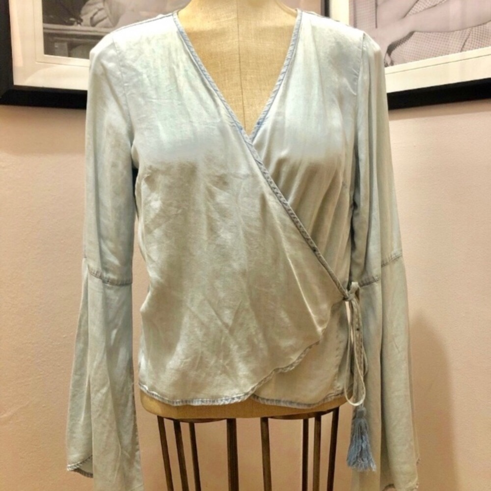 Soft Denim wrap bell sleeve blouse